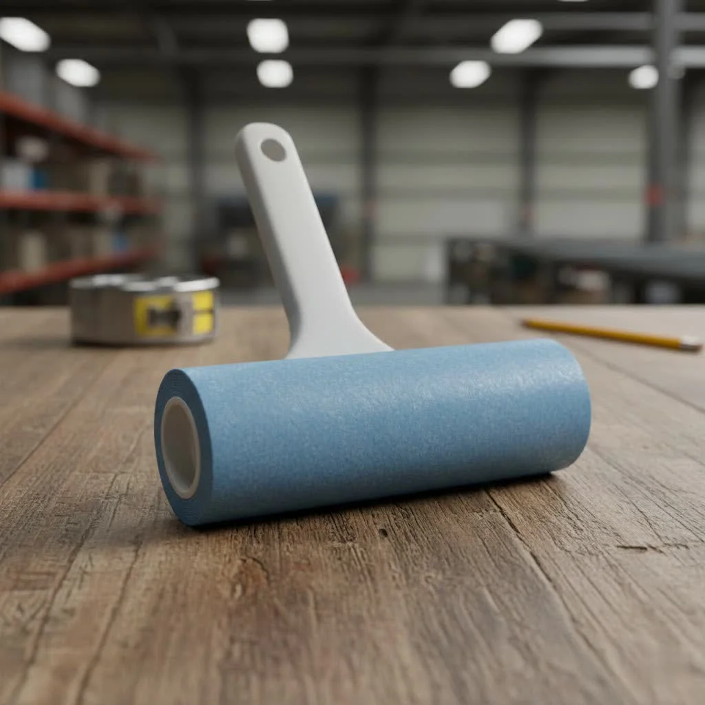 Close-up of a sticky lint roller picking up lint from dark fabric